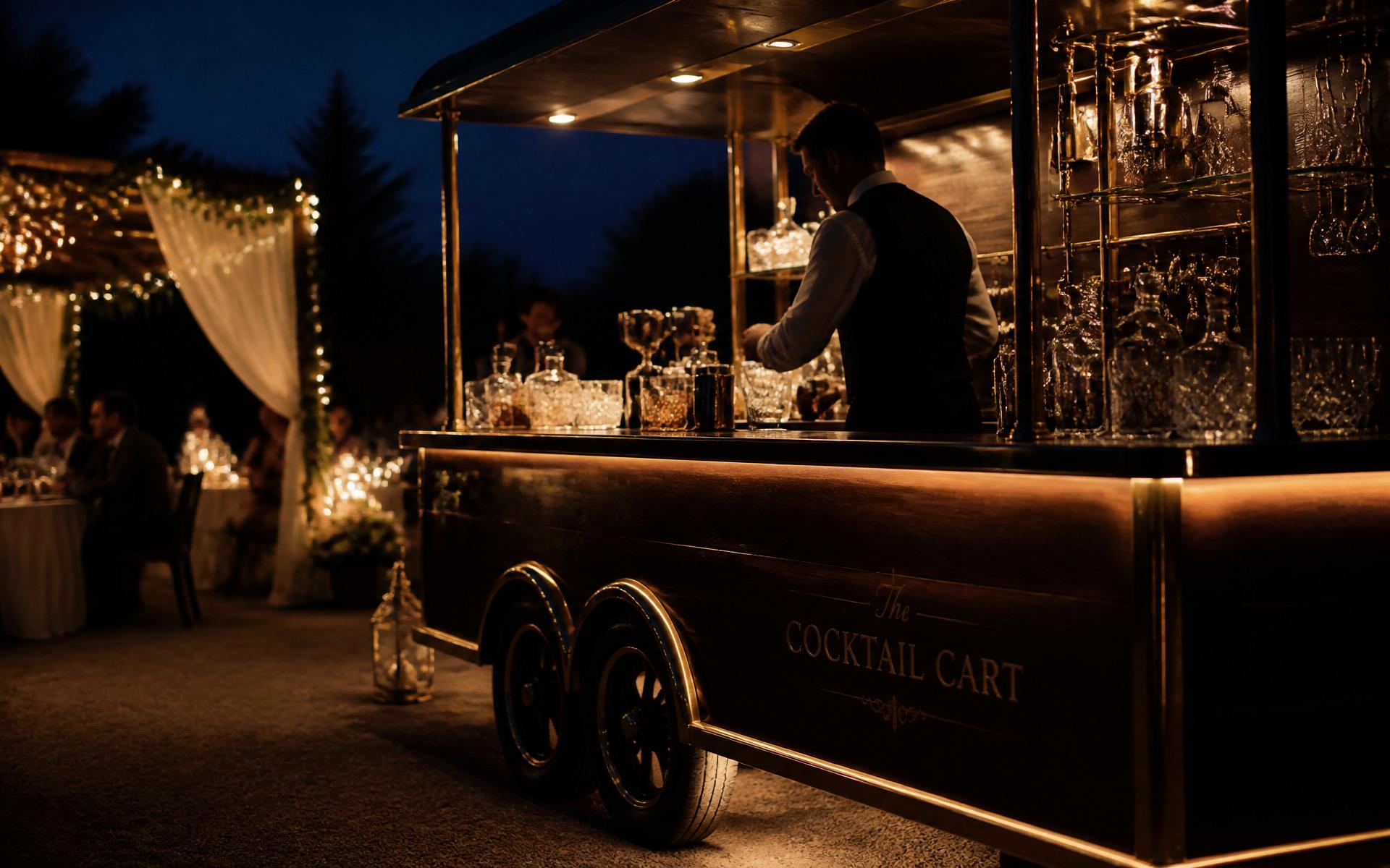 Mobile bar cart with warm lighting at an evening event